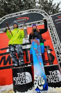 Sammy Leubke and Shannan Yates stand atop the podium on Saturday following the conclusion of The North Face Masters of Snowboarding at Snowbird, Utah. (photo: MSI/Lance Koudele)