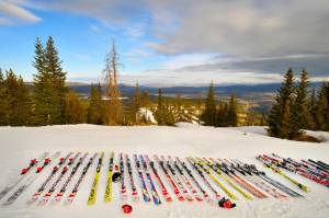 Skis are lined up before the start of the super G at the Nature Valley U.S. Alpine Championships at Colorado's Winter Park Resort on Friday. (photo: USSA/Tom Kelly)