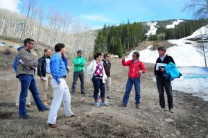 Birds of Prey Chief of Course Greg Johnson explains finish area changes to officials during the 2015 World Championships FIS Coordination Committee meeting at Beaver Creek in Colorado this week. (photo: USSA)