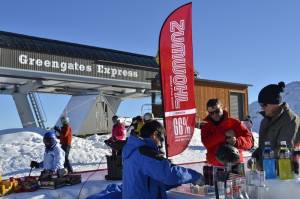 Bartender Lucas, from Uruguay, serves drinks to Australian Matthew Curtain and fellow guest Mark Woelders at Coronet Peak's Ice Bar on Friday. (photo: NZski)