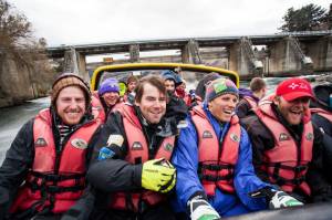 U.S. Ski Team athletes (L to R) Ted Ligety, Nolan Kasper, Tommy Ford and Will Brandenburg on a jet boat during a day off from training in New Zealand. (photo: New Zealand Tourism)