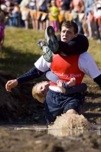 The 2011 North American Wife Carrying Champions, Rocco Andreozzi and Kim Wasco (photo: Sunday River)