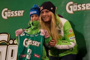 American ski racer Lindsey Vonn at today's public race bib draw for the Audi FIS Alpine Ski World Cup Women's Giant Slalom in Soelden, Austria. (photo: Mitchell Gunn/ESPA)