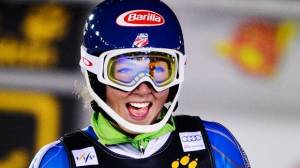 American teen Mikaela Shiffrin celebrates her first Audi FIS World Cup win under the lights Thursday night in Are, Sweden. (photo: Getty Images/AFP-Jonathan Nackstrand/USST)