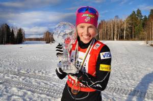 Kikkan Randall poses last winter with her crystal globe as the FIS Cross Country World Cup sprint champion at the finals in Falun, Sweden. (file photo: USSA-Margo Christiansen)