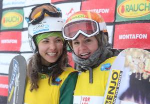 Montafon, Austria women's team snowboard cross winners Women winners Maria Ramberger and Susanne Moll of Austria (photo: FIS/Oliver Kraus)