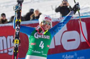 Alice Mckennis of Glenwood Springs, Colo., celebrates her victory on the Kandahar course for the Audi FIS Alpine Ski World Cup downhill race in St. Anton, Austria, on Saturday. (photo: Mitchell Gunn/ESPA)