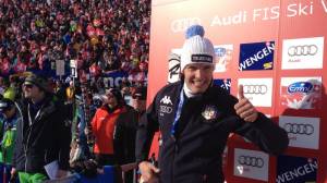 Italian ski racer Christof Innerhofer celebrates victory in the famed Lauberhorn downhill in Wengen, Switzerland on Saturday. (photo: FIS Alpine)