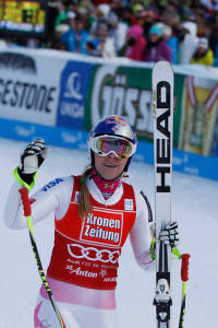 Lindsey Vonn, of Vail, Colo., reacts in the finish area after competing in the Audi FIS Alpine Ski World Cup Super Giant Slalom race race in St Anton, Austria, on Sunday. (photo: Mitchell Gunn/ESPA)