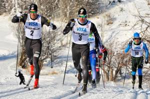 Skyler Davis (left) and Torin Koos are stride for stride in the men's finals classic sprint at U.S. Cross Country Ski Championships on the Olympic trails at Soldier Hollow, Utah. Koos went on to take gold. (photo: USSA/Tom Kelly)