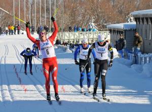 Jennie Bender shouts for joy as she edges out Sadie Bjornsen for gold in the classic sprints at U.S. Cross Country Ski Championships on Wednesday on the Olympic trails at Soldier Hollow, Utah. (photo: USSA-Tom Kelly)