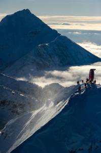 Competitors group atop Revelstoke's Mac Daddy Face on Saturday for the 2013 Swatch Freeride World Tour by The North Face (photo: freerideworldtour.com/Blong)