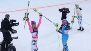 Maria Hoefl-Riesch of Germany celebrates gold in Friday's super combined at the 2013 FIS World Alpine Ski Championships in Schladming, Austria. (photo: FIS Alpine)