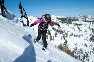 Emily Weer, of Soda Springs, Calif., drops in during Thursday's TNF Masters of Snowboarding 2star event at Alpine Meadows ski resort near Lake Tahoe, Calif. (photo: Hank de Vre' Photography/MSI)