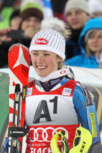 Mikaela Shiffrin smiles in the finish area after winning after winning the Audi FIS Alpine Ski World Cup Slalom race on Jan. 15 in Flachau, Austria, (photo: Mitchell Gunn/ESPA)