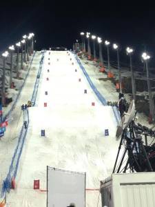 A slushy Rosa Khutor moguls course on Friday night in Krasnaya Polyana, Russia, the Sochi 2014 Olympic venue (photo: US Freestyle Ski Team)