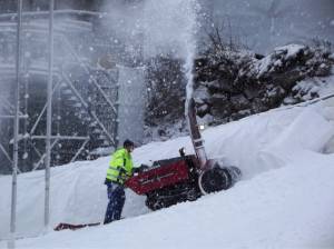 Workers in Schladming, Austria, were busy on Monday removing snow from the course for tomorrow's women's super G, the opening event of the 2013 Alpine Skiing World Championships. (photo Schladming 2013)