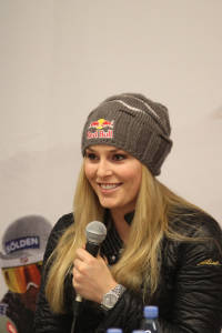 Lindsey Vonn speaks during a U.S. Ski Team pre-tournament press conference in Schladming, Austria, two days before sustaining a season-ending knee injury on Feb. 5 in the FIS Alpine Ski World Championships super G. (photo: Mitchell Gunn/ESPA)