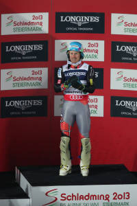 Park City, Utah's Ted Ligety on the podium after winning the Alpine FIS Ski World Championships Super Combined race in February in Schladming, Austria. (photo: Mitchell Gunn/ESPA)