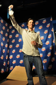 Johnny Spillane, of Steamboat Springs, Colo., celebrates his silver medal earned in nordic combined at the 2010 Olympic Winter Games. (photo: Katie Perhai/USSA)