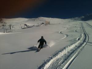 Blair James, Head of Snowmaking at Mt. Hutt, tests the pre-season product at the New Zealand resort on Tuesday. (photo: NZSki)