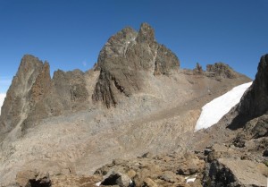 Mount Kenya's summits (stiched). From left to right: Point John, Batian, Nelion, Thompson's Flake, Point Tompson, Lewis Glacier (photo: Franco Pecchio)