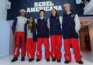 U.S. Freeskiing hopefuls John Teller, Maddie Bowman, Aaron Blunck, Devin Logan and Tom Wallisch, left to right, unveil the official 2014 U.S. Freeskiing Competition Uniforms on Monday n New York City. The uniforms will be worn by the United States freeskiing athletes when the sport makes its historic debut in Sochi in February. (photo: Diane Bondareff/Invision for The North Face)