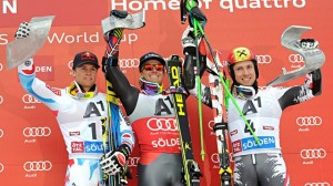 Austria's Marcel Hirscher celebrates his 10th consecutive World Cup slalom podium in Levi, Finland on Sunday. (photo: FIS/Agence Zoom)