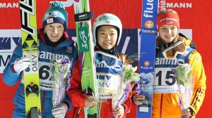 Saturday's women's Normal Hill ski jumping podium in Lillehammer, Norway (photo: FIS)