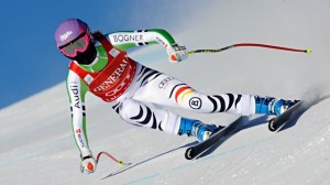 Maria Hoefl-Riesch of Germany speeds to victory in Saturday's frigid World Cup downhill in Lake Louise, Canada. (photo: FIS/Agence Zoom)