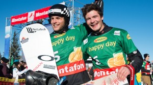 Konstantin Schad and Paul Berg of Germany celebrate their team snowboardcross victory in Montafon, Austria, on Sunday. (photo: FIS)