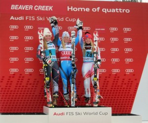 Mikaela Shiffrin, left, earns the first Audi FIS Alpine World Cup giant slalom podium of her career at Beaver Creek, Colo. on Sunday. (photo: Doug Haney/U.S. Ski Team)