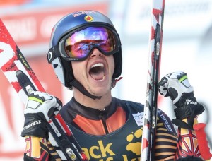 Canada's Erik Guay celebrates victory in Saturday's World Cup men's downhill in Val Gardena, Italy. (photo: Pentaphoto/Alpine Canada)