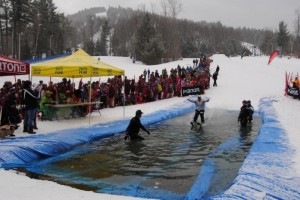 The weather was decidedly un-springlike for Pats Peak's annual pond skimming in Henniker, N.H. this past weekend. (photo: Pats Peak)