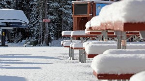 Sugar Bowl picked up some new snow on Friday, but these picnic tables will remain empty for a bit longer yet. (photo: Sugar Bowl Resort)