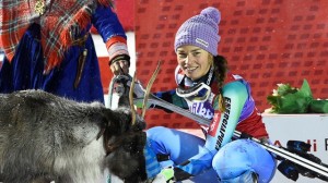 Slovenian Tina Maze poses with her Lapland reindeer earned with a victory in Saturday's World Cup slalom in Levi, Finland. (photo: FIS/Agence Zoom)