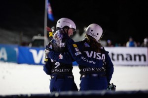 Kiley McKinnon, left, and Ashley Caldwell celebrate sharing the podium at Deer Valley on Thursday night. (photo: USSA)