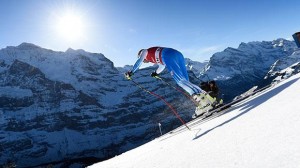 Bode Miller charges out of the start gate during Tuesday's first training run for Saturday's Laubernorn downhill in Wengen, Switzerland. (photo: Getty Images/Agence Zoom/USST)