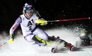 Colorado's Mikaela Shiffrin shreds to the podium on Wednesday, finishing behind Frida Hansdotter and Tina Maze in a World Cup night slalom in Flachau, Austria. (photo: Getty Images-AFP/Joe Klamar/via USST)