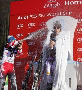 Mikaela Shiffrin gets a champagne bath as she's crowned Snow Queen in Zagreb, Croatia on Sunday. (photo: Getty Images/Agence Zoom-Alexis Boichard, courtesy USST)