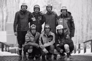 The seven U.S. men who competed in a World Cup slalom in Zagreb, Croatia on Tuesday night wear black arm bands and tape on their helmets to honor two fallen development prospects who died in an avalanche on Monday in Soelden, Austria. (photo: USST)