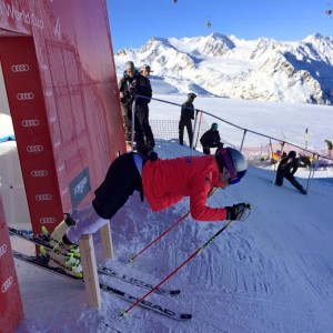 American ski racer Lindsey Vonn emerges from the starting gate during training in Soelden, Austria this week. She confirmed this morning, however, that she won't be leaving the starting gate during the World Cup season opening giant slalom on Saturday in Soelden. (photo: Lindsey Vonn/Facebook)