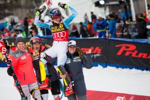 Mikaela Shiffrin's U.S. Ski Team teammates hoist her on their shoulders after winning a second slalom at the Nature Valley Aspen WInterational in Colorado on Sunday. (photo: Jeremy Swanson)