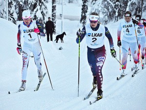 Sophie Caldwell (left) and Jessie Diggins charge hard during a classic sprint in Gaellivare, Sweden on Saturday. (photo: U.S. Ski Team)