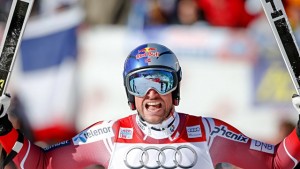 Norway's Aksel Lund Svindal celebrates victory on Friday in the Birds of Prey Downhill at Beaver Creek, Colo. (photo: FIS/Agence Zoom)