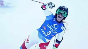 Switerland's Lara Gut celebrates her season's fourth World Cup victory in Monday's giant slalom in Lienz, Austria. (photo: FIS/Agence Zoom)