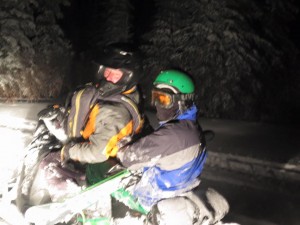 A member of South Cariboo Search & Rescue transports a lost skier near Mt. Timothy Ski Area in British Columbia on Sunday morning. (photo: Facebook)