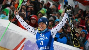 Slovakia's Veronika Velez Zuzulova celebrates her second World Cup slalom victory of the week on Friday night in Flachau, Austria. (photo: FIS/Agence Zoom)