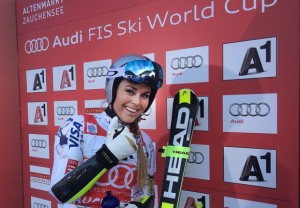 Lindsey Vonn gives the thumbs up after moving atop the leaderboard during Sunday’s super G. (photo: USSA)