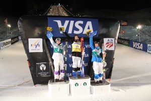 The women's World Cup Dual Moguls podium at Deer Valley Resort in Park City, Utah, on Saturday night. (photo: Chad Buchholz/FIS)